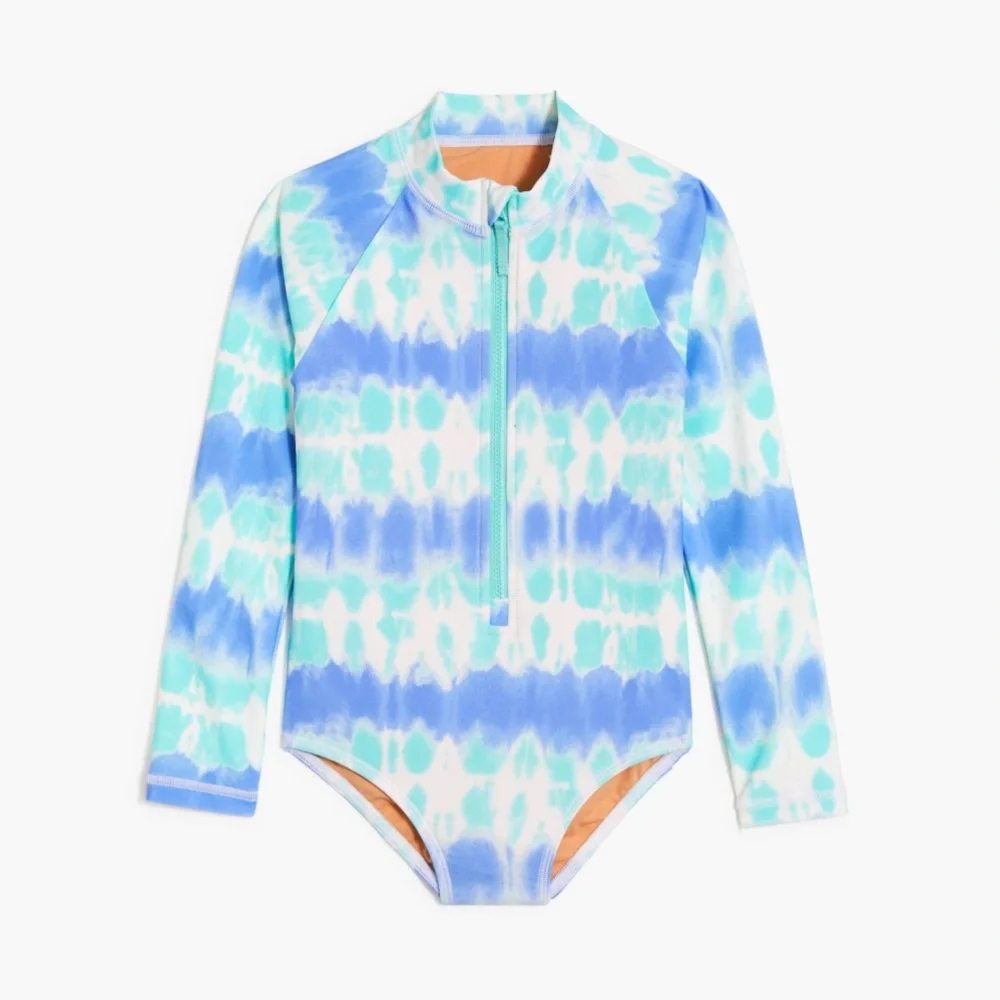 Kids Girls' tie-dye rash guard UPF Swimwear in‎ Blue and White Crewcuts Swimsuit